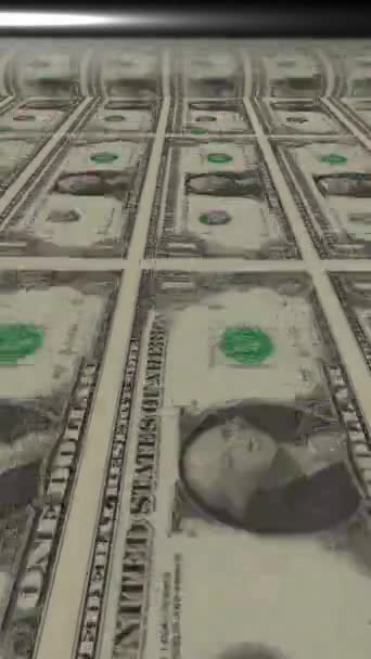 动画概念图像显示一长串美元钞票在打印滚筒的最后阶段通过打印滚筒 垂直镜头 — 图库视频影像