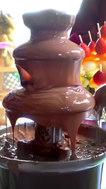 Regn Chokladfontän Med Marshmallows Och Spetsiga Frukter Vertikal Video — Stockvideo
