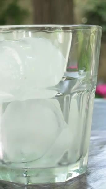 Ρίχνει Ένα Ποτήρι Κρύο Υγρό Όπως Βερμούτ Μαρτίνι Ice Vertical — Αρχείο Βίντεο