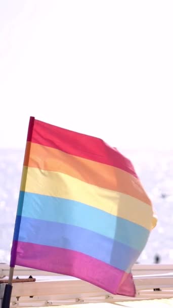 Slow Motion Gay Pride Flag Blowing Wind Sitges Barcelona Province — Stock Video