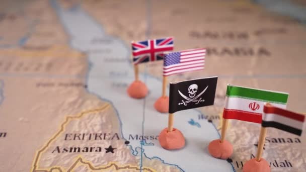 Flags United States Iran Respective Allies Surrounding Pirate Insignia Map — Stock Video