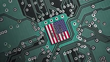 Birleşik Devletler bayrağı mikroişlemci, işlemci ya da anakart üzerinde GPU mikroçipi. Amerikan Kongresi 'nden YZ' nin potansiyel düzenlemesini simgeliyor.