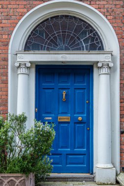 Dublin, İrlanda 'da geleneksel boyanmış bir kapının klasik görüntüsü. Canlı renkler ve eşsiz mimari detaylar Dublin 'in tarihi evlerinin cazibesini ve karakterini yansıtıyor..