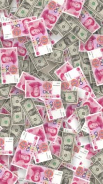 ABD ve Çin arasındaki ekonomik rekabeti temsil eden Amerikan doları ve Çin Yuan banknotlarından oluşan bir kolaj. Bu resim küresel mali rekabet ve ticari gerginlikleri vurguluyor