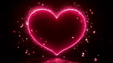 Parlak pembe parlayan kalp, yumuşak, gerçeküstü bir efekt ile romantik ve rüya gibi bir atmosfer yaratarak, pürüzsüz kırmızı bir yüzeye ışık saçar. Sevgililer Günü konsepti