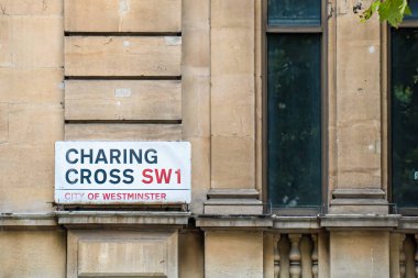 Close-up of the Charing Cross street sign in Westminster, London, featuring historic architecture and iconic SW1 postcode area designation. clipart