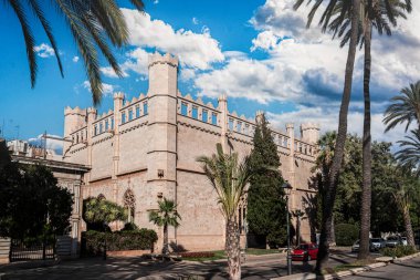 Palma de Mallorca 'daki tarihi Gotik bir bina olan La Lonja, Palma de Mallorca' nın etrafını çevreleyen parlak mavi gökyüzü ve ortaçağ mimarisini gözler önüne seriyor..