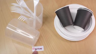 Plastik ve kağıt bardaklar, tek kullanımlık plastikten alternatif malzemelere geçişi, tek kullanımlık plastik yemek direktifini, 2023 Plastik Kirlilikten Kurtul Yasasını sembolize eder.