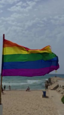 Rainbow flag waving on a beach