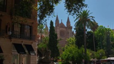 Palma, İspanya. 18 Temmuz 2005, Majestic Palma Katedrali, Mallorca 'nın güzel bir simgesi olan palmiye ağaçları ve bitki örtüsüyle çevrili olarak ayakta duruyor.