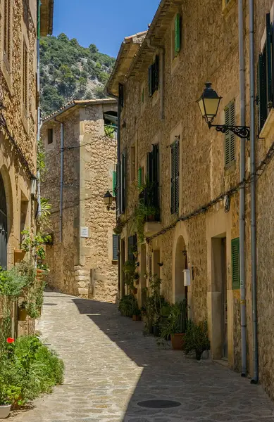 İspanya 'nın Mallorca kentindeki Tramuntana dağlarına kurulmuş tarihi bir köy olan Valldemossa' da yeşil kepenkleri ve saksı bitkileriyle geleneksel taş evleri sergiliyor.