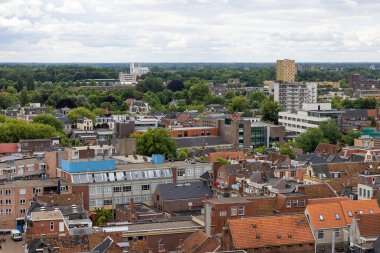 Skyline with aerial view rooftops residential area downtown Dutch medieval city Groningen