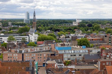 Skyline with aerial view rooftops residential area downtown Dutch medieval city Groningen