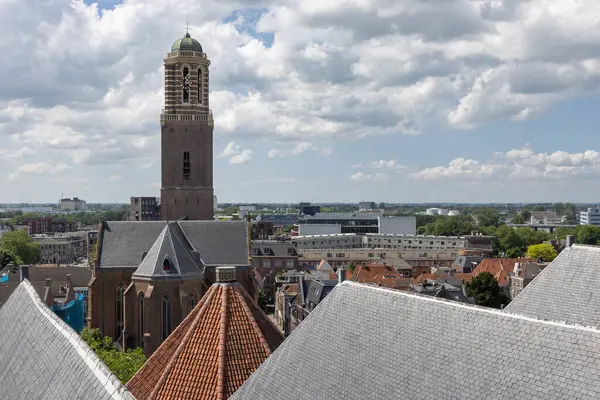 stock image Aerial view from roof Grote kerk at Dutch medieval hanseatic city Zwollew with church tower called Peperbus
