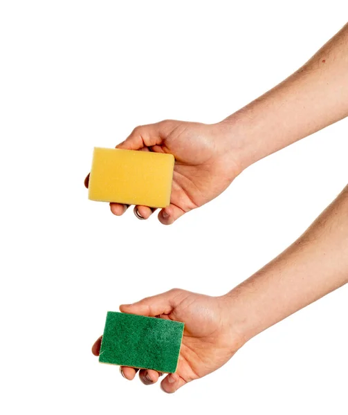 Hand Holding Yellow Sponge Isolated White Background — Stock Photo, Image