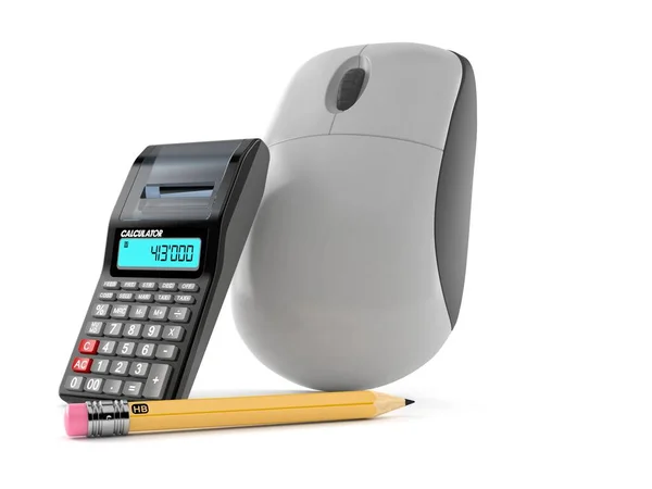 Mouse Computador Com Calculadora Lápis Isolado Sobre Fundo Branco Ilustração — Fotografia de Stock