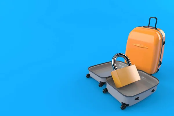 青い背景に隔離されたスーツケースの中の南京錠 3Dイラスト — ストック写真
