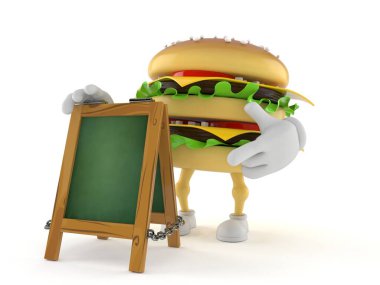 Tebeşir tabelalı hamburger karakteri beyaz arka planda izole edilmiş. 3d illüstrasyon