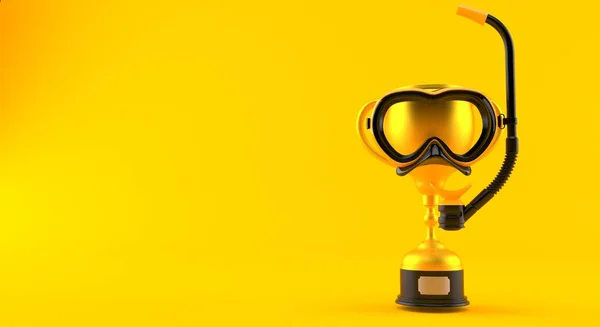 Golden trophy with scuba diving mask isolated on orange background. 3d illustration