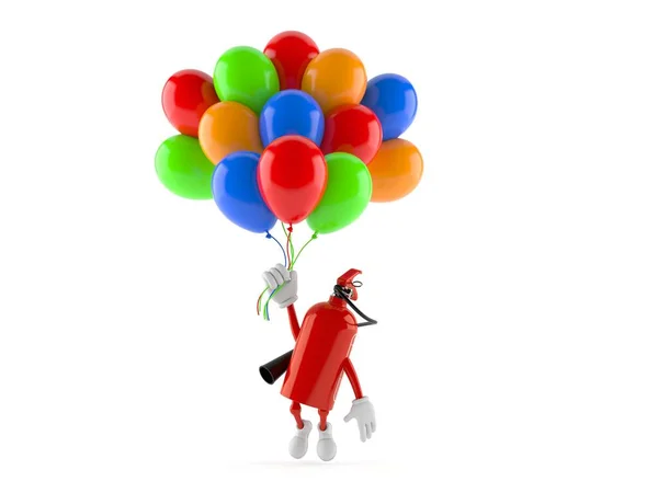 Yangın Söndürücü Karakteri Beyaz Arka Planda Izole Edilmiş Balonlarla Uçuyor — Stok fotoğraf