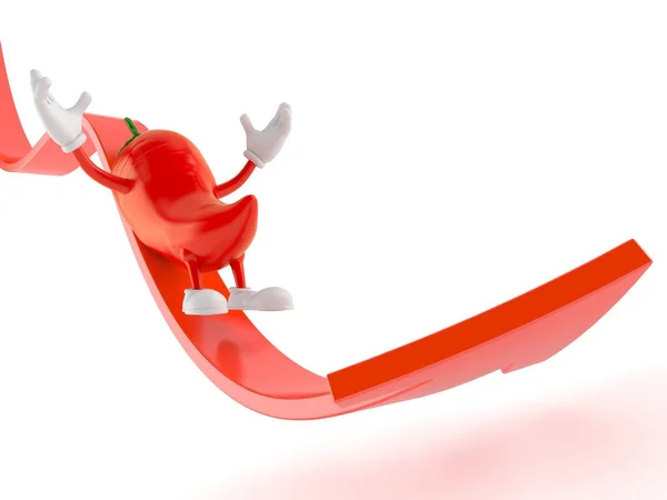 Personagem Pimenta Quente Deslizando Seta Vermelha Isolada Fundo Branco Ilustração — Fotografia de Stock