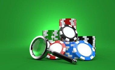 Yeşil arka planda büyüteç bulunan poker fişleri. 3d illüstrasyon