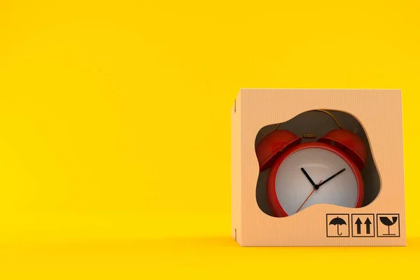 オレンジの背景に隔離されたパッケージ内の目覚まし時計 3Dイラスト — ストック写真