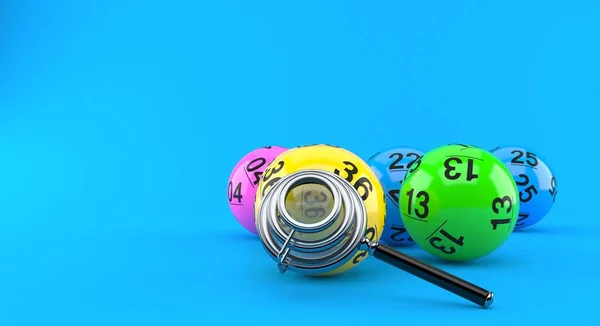Bolas Lotto Com Lupa Isolada Sobre Fundo Azul Ilustração — Fotografia de Stock