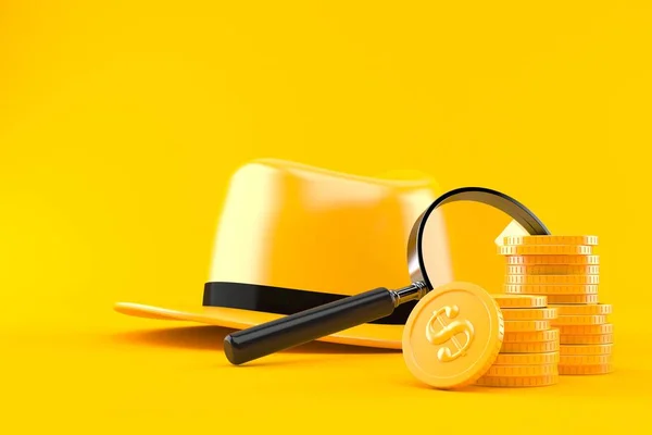 Detective hat and magnifying glass with stack of coins isolated on orange background. 3d illustration