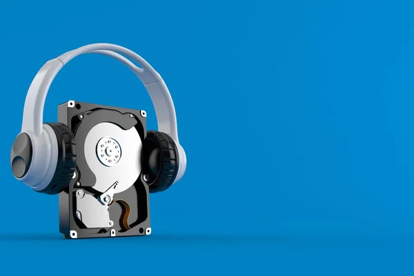 青の背景に隔離されたヘッドフォンでハードドライブ 3Dイラスト — ストック写真