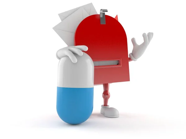 Personaggio Casella Posta Con Pillola Isolato Sfondo Bianco Illustrazione — Foto Stock