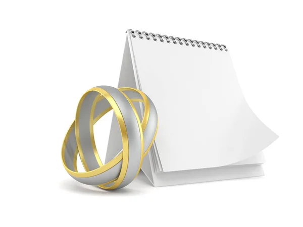 婚戒与空白日历隔离在白色背景 3D说明 — 图库照片