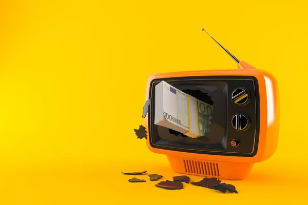 オレンジの背景に隔離されたテレビ内のユーロ通貨 3Dイラスト — ストック写真