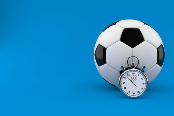 青い背景に隔離されたストップウォッチ付きサッカーボール 3Dイラスト — ストック写真