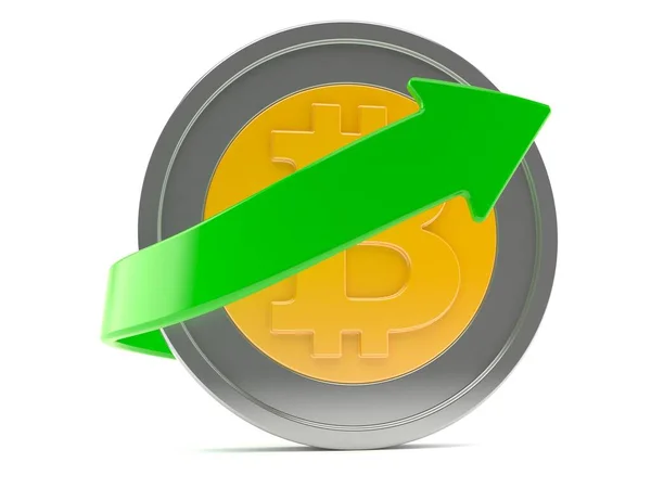 Bitcoin Zieloną Strzałką Izolowane Białym Tle Ilustracja — Zdjęcie stockowe