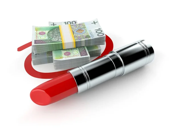 Monnaie Polonaise Sélectionnée Avec Rouge Lèvres Isolé Sur Fond Blanc — Photo