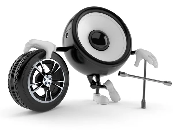 자동차 바퀴와 스패너를 스피커 캐릭터는 배경에 분리되어 — 스톡 사진