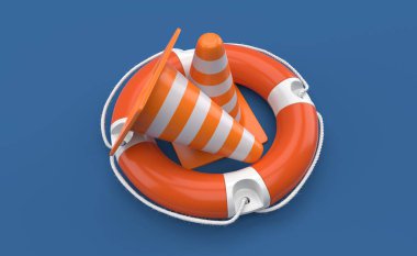 Yaşam şamandırasının içindeki trafik konisi mavi arka planda izole edilmiş. 3d illüstrasyon