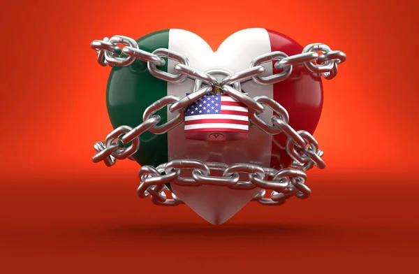 メキシコの国旗と赤い背景にウサの旗が描かれた南京錠 3Dイラスト — ストック写真