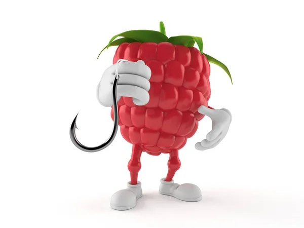 Raspberry Character Holding Fishing Hook Isolated White Background Illustration — Stock Photo, Image