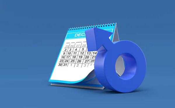 青色の背景に隔離されたカレンダーを持つ男性の性別記号 3Dイラスト ストックフォト