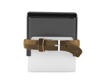 Beyaz arka planda izole edilmiş kemerle sıkıştırılmış lastik mühür. 3d illüstrasyon