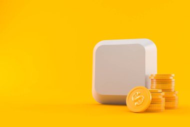 Turuncu arka planda izole edilmiş bozuk paraların olduğu bilgisayar anahtarı. 3d illüstrasyon