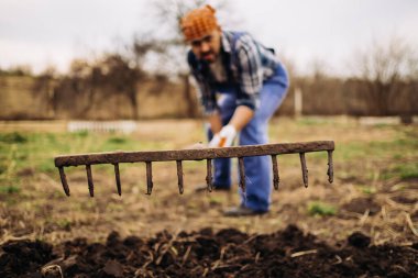 Güneşli bir günde, tarlaları düzleştiren bir tırmığın yardımıyla bahçede çalışan çiftçi. İlkbahar, ekime hazırlık, tırmıklarla çalışmak