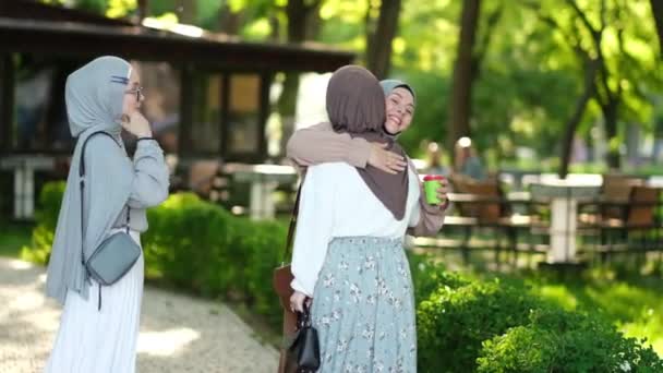 Incontro Tre Donne Musulmane Che Parlano Mentre Camminano All Aperto — Video Stock