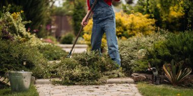 Genç bir kadın baharda büyük bahçesinde yabani otları çekiyor, kıştan sonra bahçeyi temizliyor.