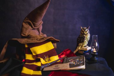 Kremenchug, Ukrayna - 21 Mart 2024. Büyüler Kitabı, 93.4 numaralı platformdan Hogwarts Ekspresi için Bilet ve JK Rowlings Harry Potter Sihirli Asa. Aksesuarların bileşimi