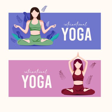 Uluslararası yoga günü. yoga vücut duruşu. Yoga yapan bir grup kadın. vektör çizimi tasarımı