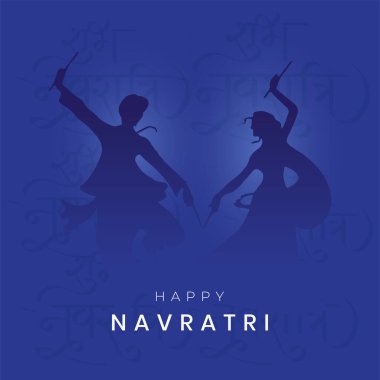 Mutlu Navratri, Hindistan Navratri Dussehra Festivali 'nin Garba Gecesi afiş posterinde Dandiya' yı canlandırmanın resmi.