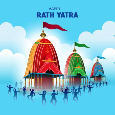 Hint festivali için bir illüstrasyon Mutlu Savaş Arabası Yolculuğu, Tekerlekli tapınak ve gökyüzü ile parlak arka plan, rath yatra